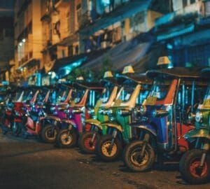 Parked Tuk Tuks in Sri Lanka – vibrant three-wheelers lined up, reflecting local charm and everyday transport, featured in JLK Tours cultural and street life experiences.